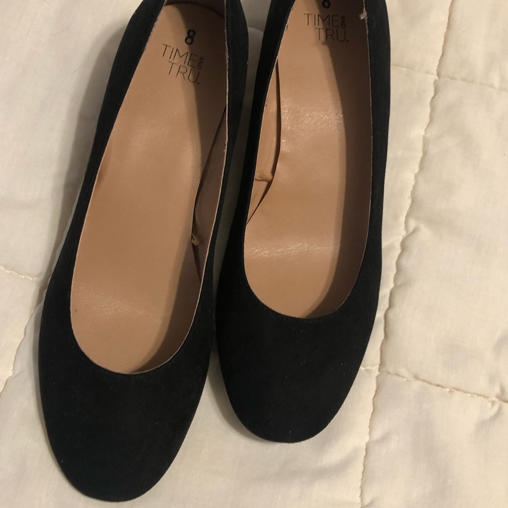 Time and tru black suede heels